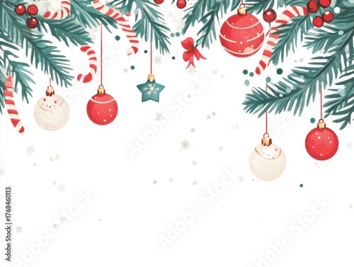 Christmas background in watercolor style for graphic design or wallpaper. Pine leaf template with Christmas decorations on a white background for text.