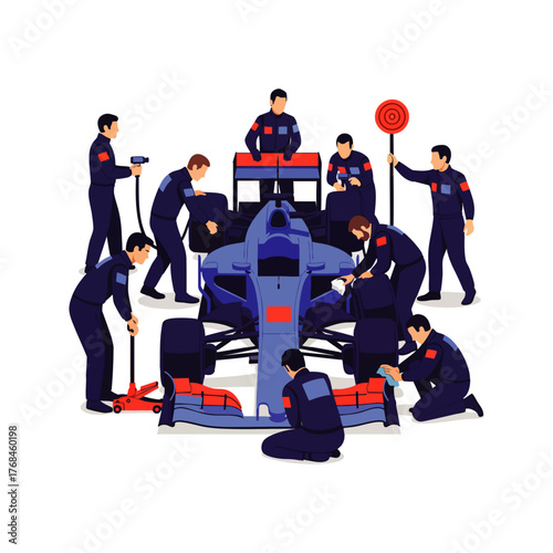 An efficient motorsport pit crew works with synchronized precision, rapidly servicing a high-performance racing car during an intense Grand Prix competition.