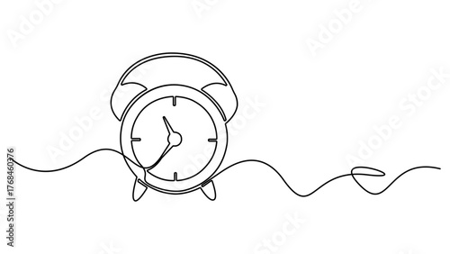 Continuous one line drawing of vintage alarm clock vector design. Single Line Drawing Alarm Clock. Clock with arrow, One thin line continuous symbol. Time Reminder Minimalist Vector Art.