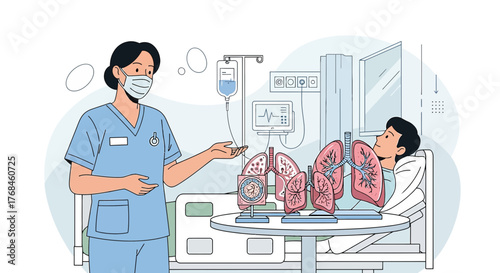 Illustrative depiction of a masked healthcare professional discussing lung health with a patient