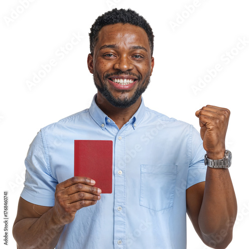Happy and excited young Black man holding a passport, celebrating travel and international opportunities with a joyful expression, on an isolated transparent background.