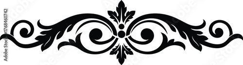 Elegant black floral ornament design element with swirling decorative flourishes
