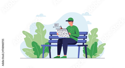 Illustrative designer working on a layout while relaxing on a park bench vector scene