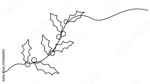 Vector continuous one line art drawing of holly berries leaves icon, for Christmas decoration in minimalist on a white background. Christmas holly berry and leaves simple vector illustration