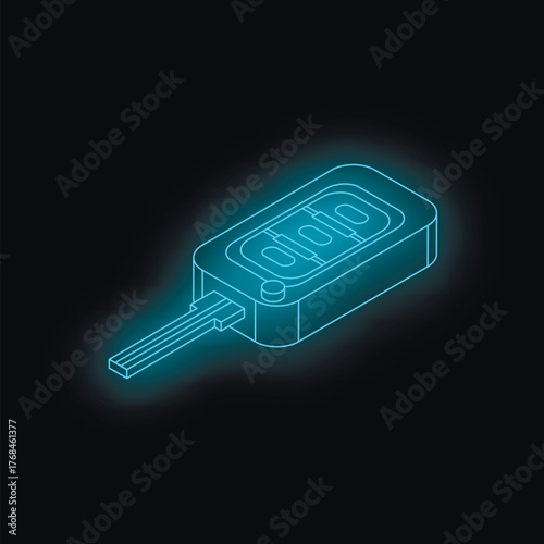 Neon blue outline of electronic car key remote control floating on black background