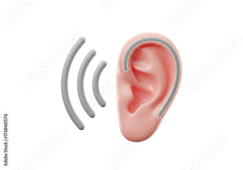 A human ear with sound waves emanating from it, isolated on transparent background