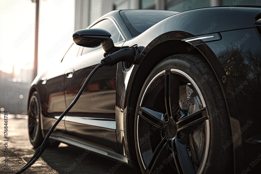 Fototapeta premium Sleek electric car charging outdoors