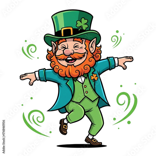 Cartoon leprechaun dancing with a green hat and suit, surrounded by swirls isolated on transparent background
