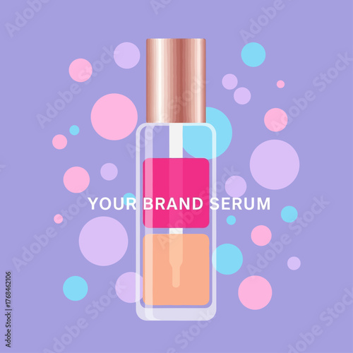 Luxury Beauty Serum Bottle with Pink and Orange Formula on Pastel Purple Background