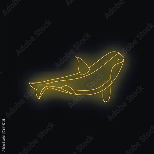 Neon yellow killer whale swimming underwater, creating a striking contrast against the dark background