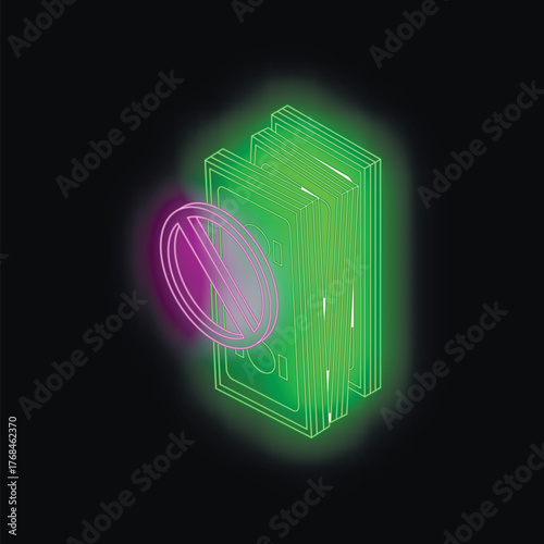 Glowing neon green banknotes with a purple forbidden symbol, illustrating concepts like financial crisis, sanctions, or currency devaluation