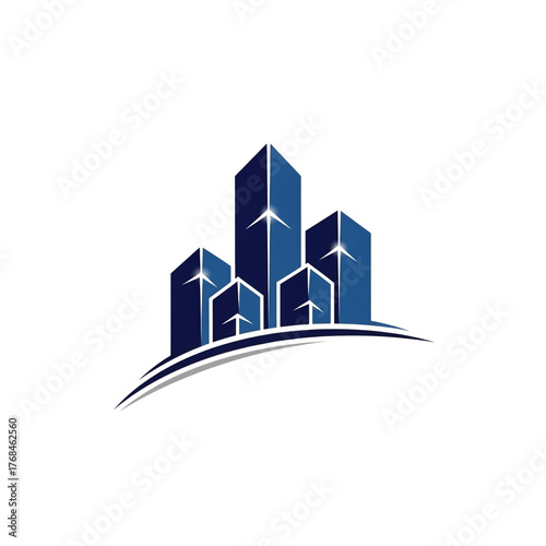 Modern abstract logo representing a cluster of blue skyscrapers with a curved swoosh underneath, isolated on transparent background