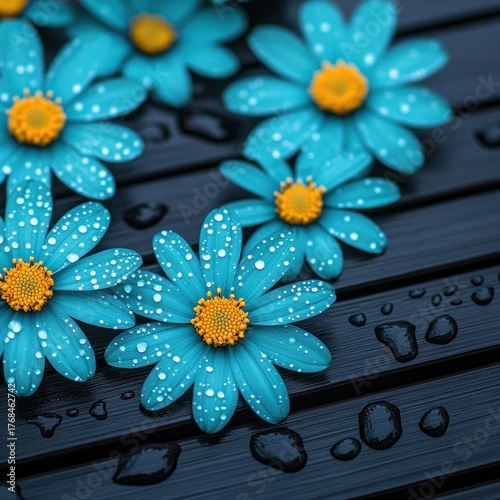 Vibrant blue flowers with yellow centers showcase beauty on a rainy day in a garden