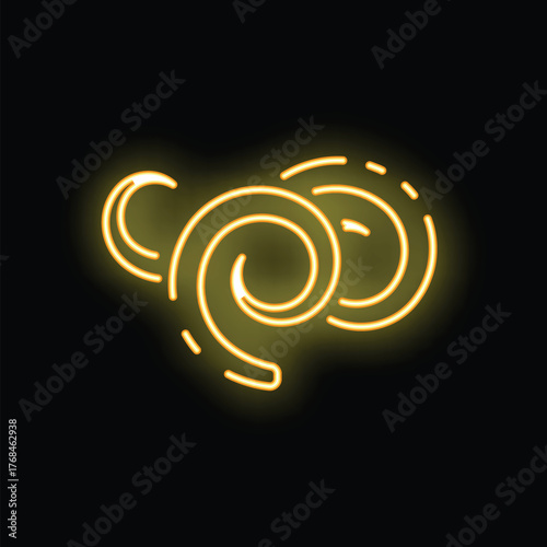 Yellow neon sign showing an abstract glowing spiral shape, a design element reminiscent of hypnotism, dreams and altered states