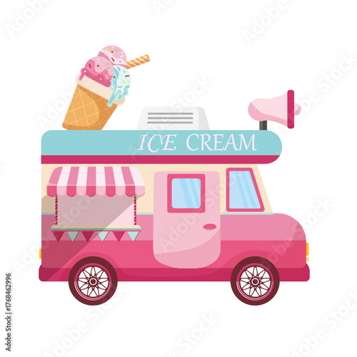 Pink ice cream bus in doodle style. Hand Drawn.