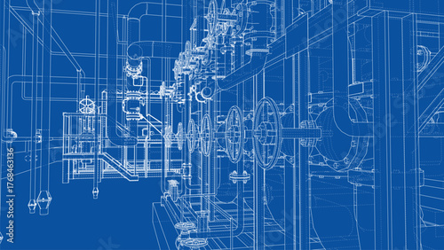 Industrial Blueprint of Complex Machinery. Vector