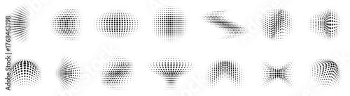 Dotted wavy shapes set. Abstract dotted texture curves and smooth dot wave elements, halftone dot pattern with wavy half tone gradient shapes