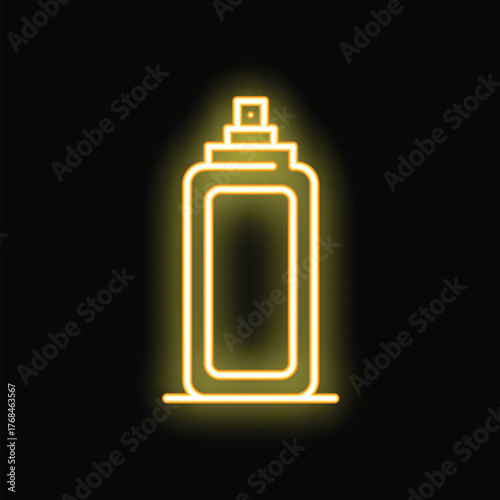 Bright yellow neon sign in the shape of a spray bottle, shining on a dark background