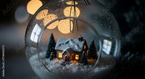 Enchanting christmas ornament with a cozy house inside, illuminated by warm lights
