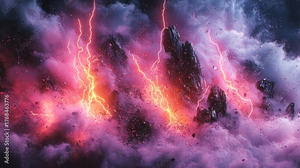 Fototapeta premium Bright lightning cracks through storm clouds above jagged mountains during twilight