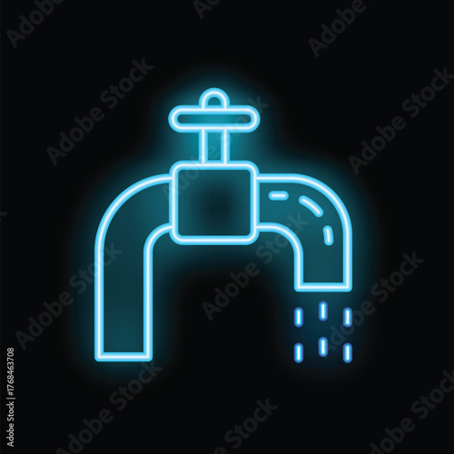 Blue neon icon of a leaking water tap glowing on a black background