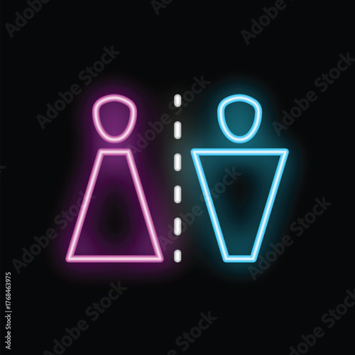 Glowing neon restroom sign is separating men and women with dotted line on black background
