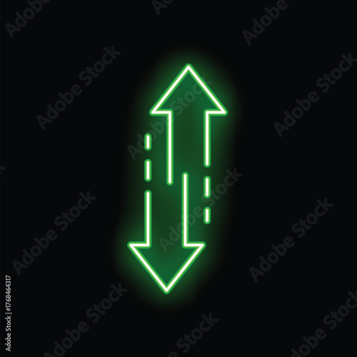 Green neon up and down arrows are moving in opposite directions on a black background