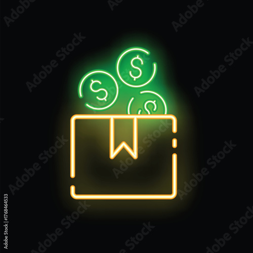 Glowing neon illustration of a donation box receiving money with dollar coins falling in, perfect for charity and non profit concepts