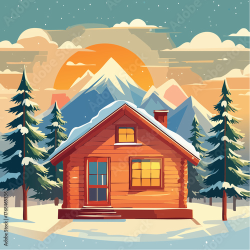 Winter Cabin in Snowy Mountains