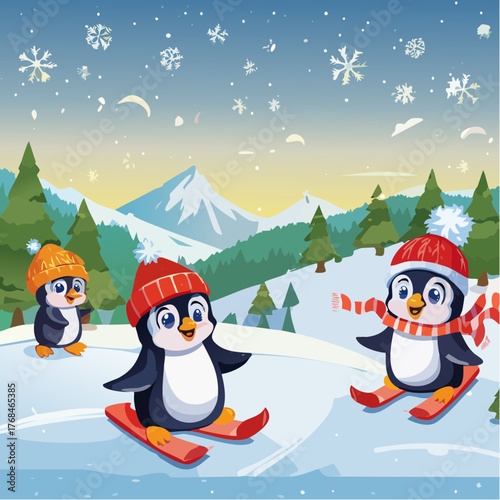 Cute Penguins in Snowy Scene