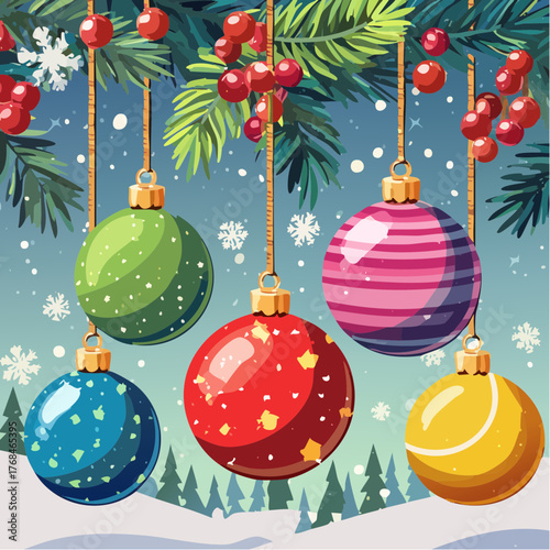 Christmas Ornaments Hanging on Pine Branches