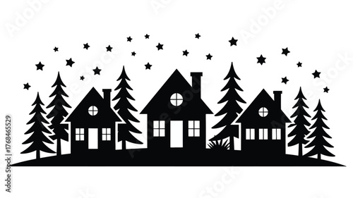 Enchanting winter village silhouette under starry night sky, perfect for holiday cards, cozy home decor, and festive seasonal designs