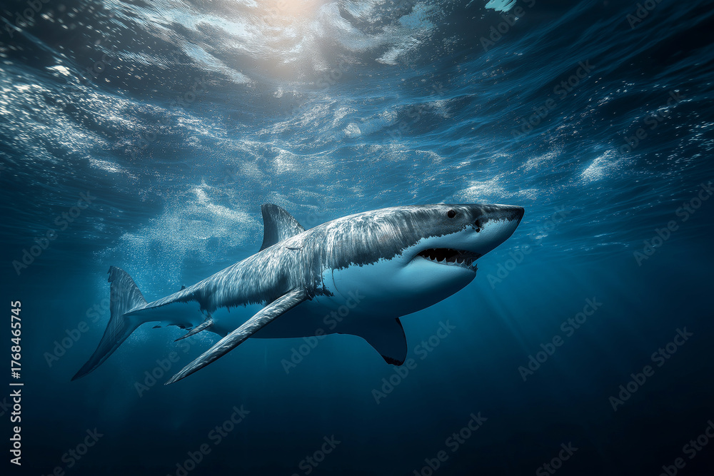 Fototapeta premium Great white shark swimming in open ocean, dynamic composition, powerful presence