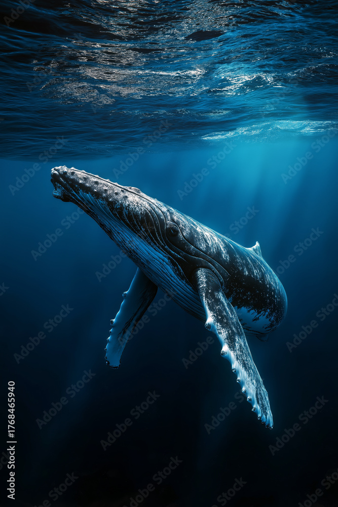 Fototapeta premium Majestic humpback whale diving vertically into the deep ocean, sunlight above creating shimmering reflections