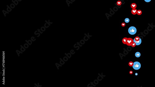 floating heart and like icons animation rising from bottom to top screen motion 4k uhd.