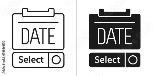 Two calendar icons with the word date and a select button, one outline and one solid