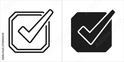 Two icons representing a checkmark inside a square, one outlined and one filled black