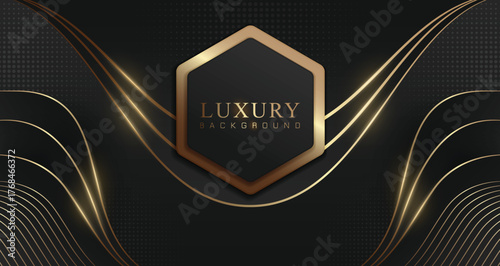 Luxury Golden Background with Hexagonal Frame and Flowing Metallic Lines