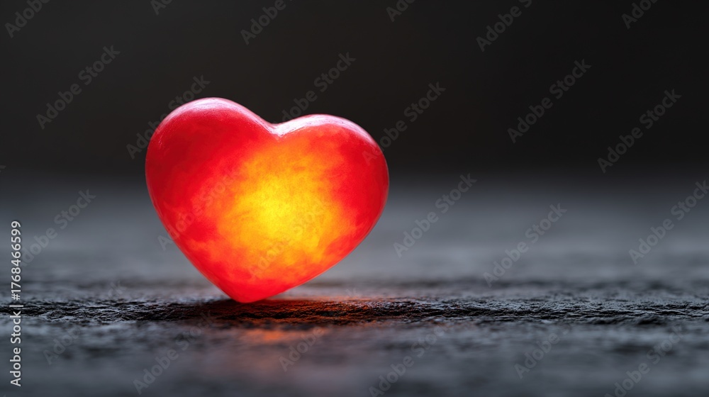 Fototapeta premium adoration. A red heart symbol stands out against a textured black background with a warm glow. wellbeing guides, coaching materials, designed for coaching and self-improvement content.