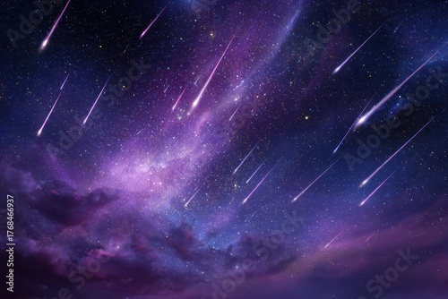 Witness a breathtaking celestial display as vibrant shooting stars blaze across a cosmic canvas adorned with mesmerizing purple and blue nebulas.