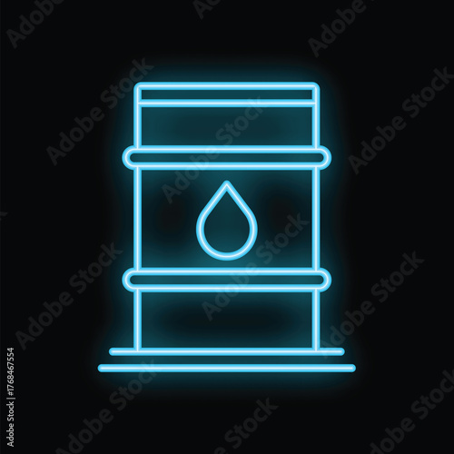 Blue neon sign depicting an oil barrel, a powerful symbol of energy and industry, set against a dark background