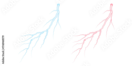Realistic thunderbolt light effect. Bright neon lightning. Blue and pink electrical discharges. Energy power flash, PNG