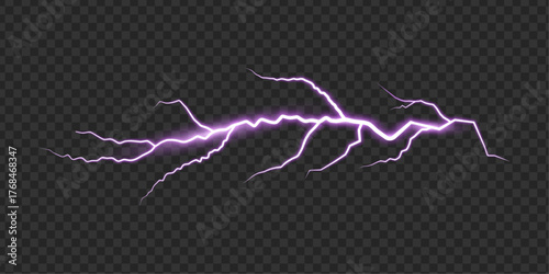 Neon thunderbolt electric Spark. realistic purple lightning flash effect. Energy power discharge. Storm light element.