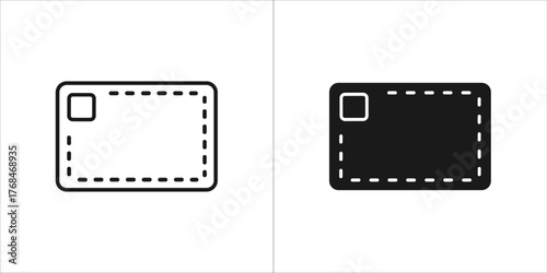 Two icons of a postcard or card with a dashed outline, one outlined and one solid black