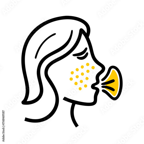 Line icon of a person sneezing, with a cloud of yellow particles/pollen coming out. Useful for health, allergy, cold, or illness blogs and websites.