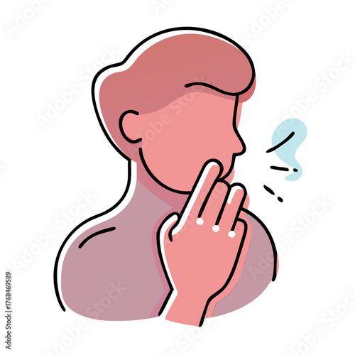Color illustration of a person covering their mouth and nose with their hand while coughing or sneezing, symbolizing proper cough etiquette and hygiene practices.