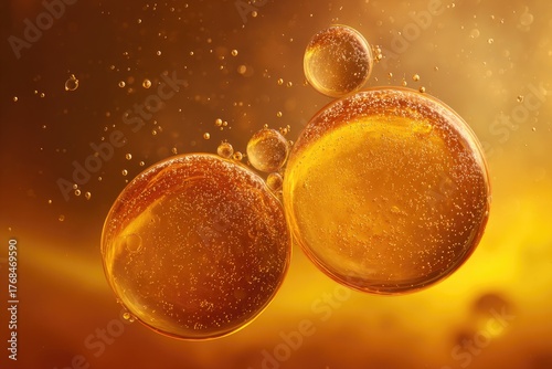 Golden viscous spheres and small bubbles float in warm light