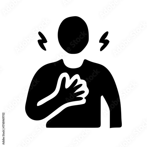 Black solid glyph icon of a person clutching their chest with one hand and lightning bolts near the shoulders, symbolizing sudden chest pain, heart attack, or anxiety/stress.