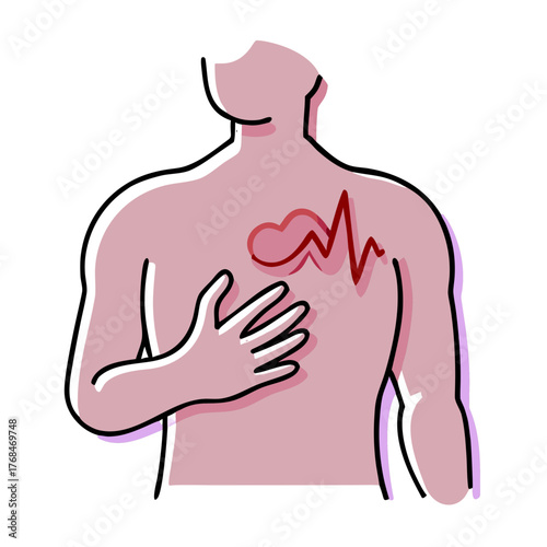 Illustration of a person clutching their chest with a red heartbeat line (ECG) superimposed, symbolizing heart pain or cardiac event. Use for medical or health sites.