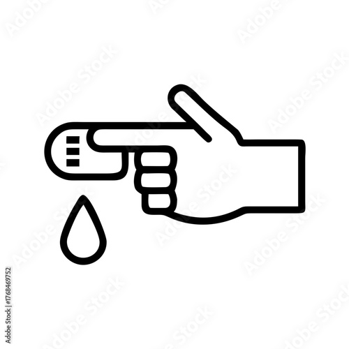 Minimalist line icon showing a finger being pricked by a lancet device to draw a blood drop, representing glucose monitoring, diabetes testing, blood sampling, health check-ups, and diagnostic